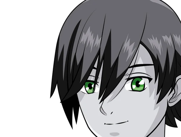 Retrato rosto mangá anime masculino preto cabelo verde olhos imagem  vetorial de jemastock© 137289704