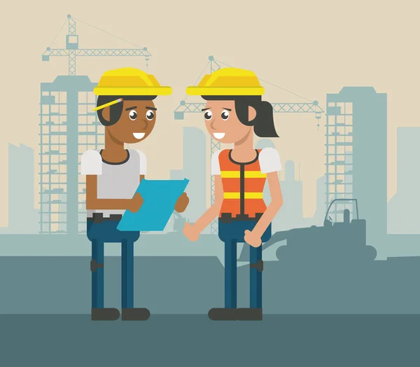 Trabajadores de la construcción caricaturas geométricas — Vector de stock
