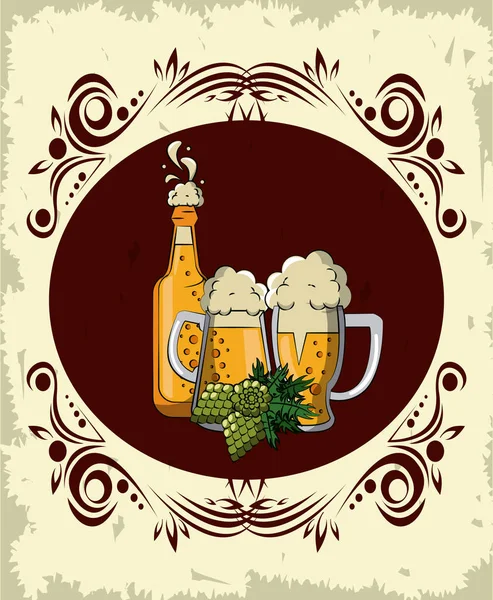 Oktoberfest Redondo Emblema Vintage Com Garrafa Cerveja Copos Vetor Ilustração —  Vetores de Stock