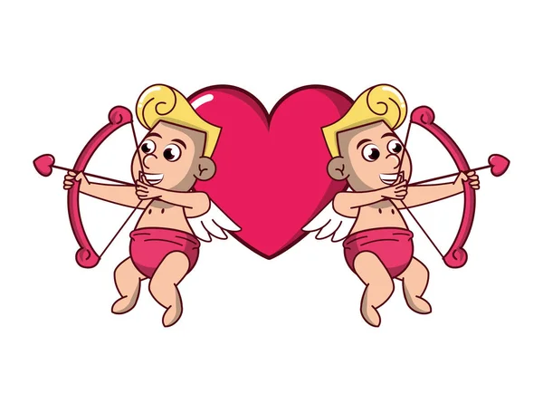 Cupidos con arcos en el corazón — Vector de stock