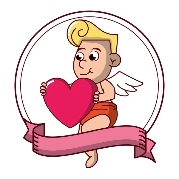 Cupid with heart on round emblem — Stock Vector