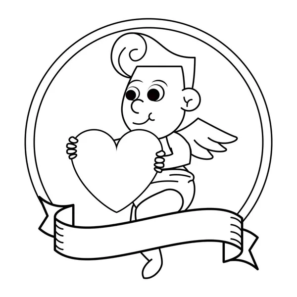 Cupido met hart op ronde embleem in zwart-wit — Stockvector