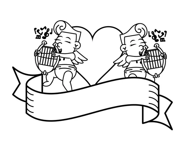 Cupidons avec harpes et bannière vierge en noir et blanc — Image vectorielle