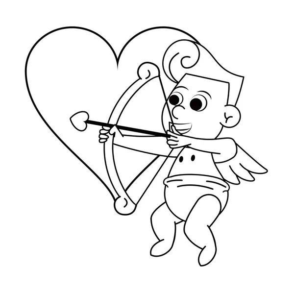 Cupido met boog op hart in zwart-wit — Stockvector