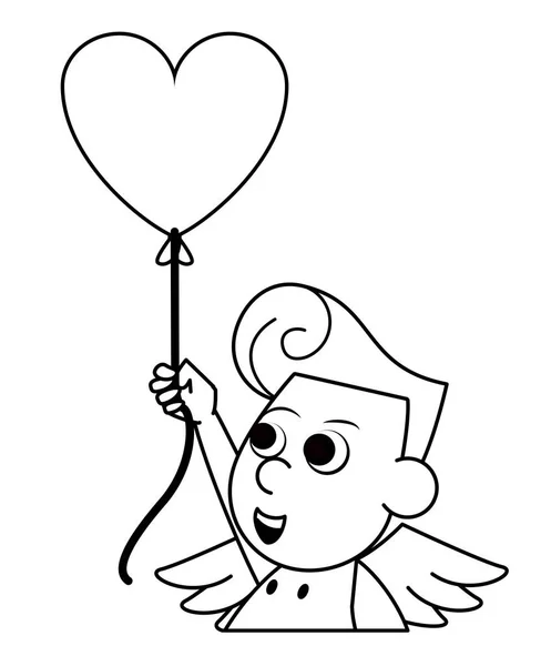 Cupid with heart shaped balloon in black and white — Stock Vector