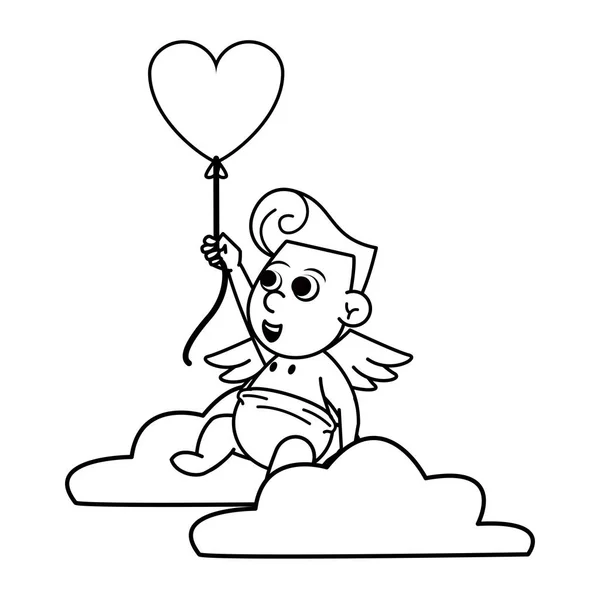 Cupido na nuvem com balão em forma de coração em preto e branco —  Vetores de Stock