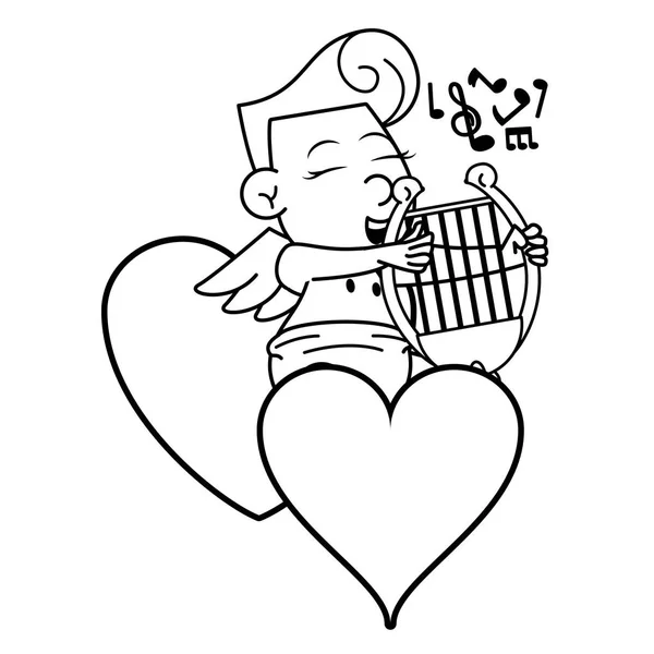 Cupido em corações com harpa em preto e branco —  Vetores de Stock