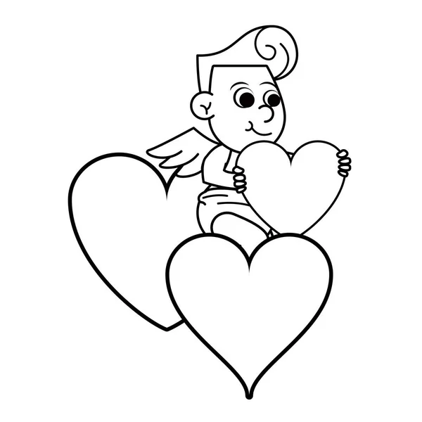 Cupido con corazones en blanco y negro — Vector de stock