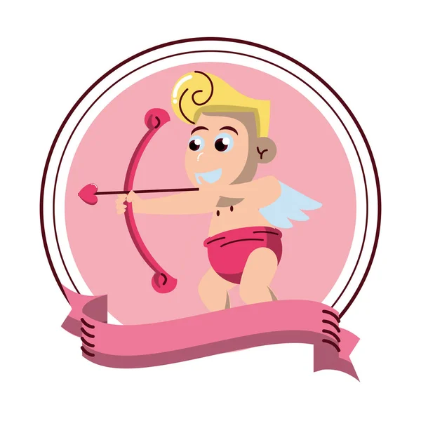 Cupido con arco en emblema redondo — Vector de stock