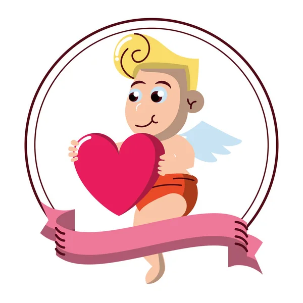 Cupid with heart on round emblem — Stock Vector