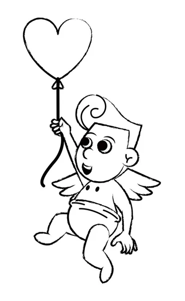 Cupido com esboço de balão em forma de coração — Vetor de Stock
