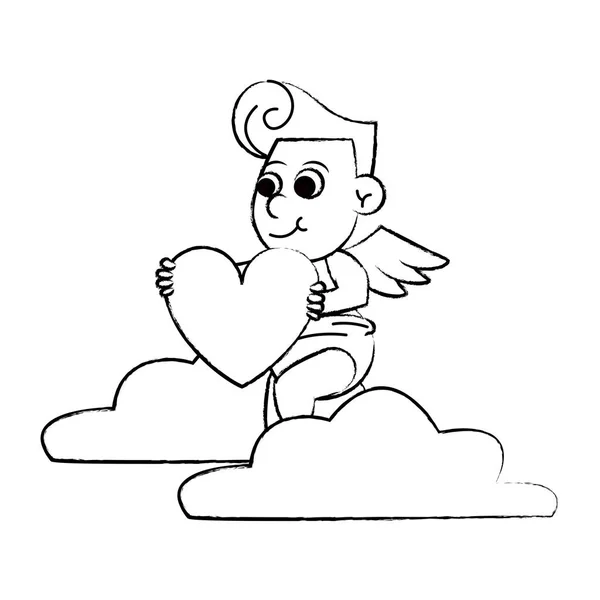 Cupidon sur nuage avec croquis du cœur — Image vectorielle
