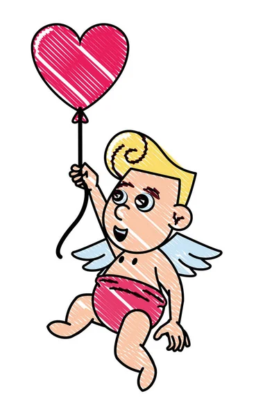 Cupidon avec coeur en forme de ballon gribouiller — Image vectorielle