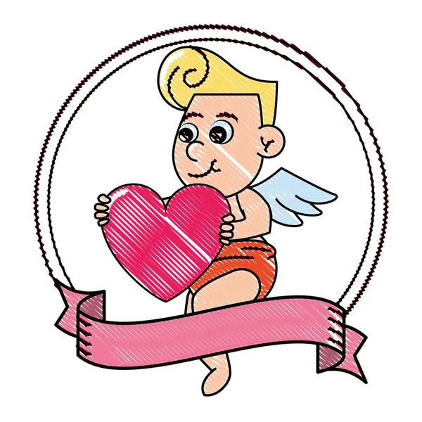 Cupid with heart on round emblem scribble — Stock Vector