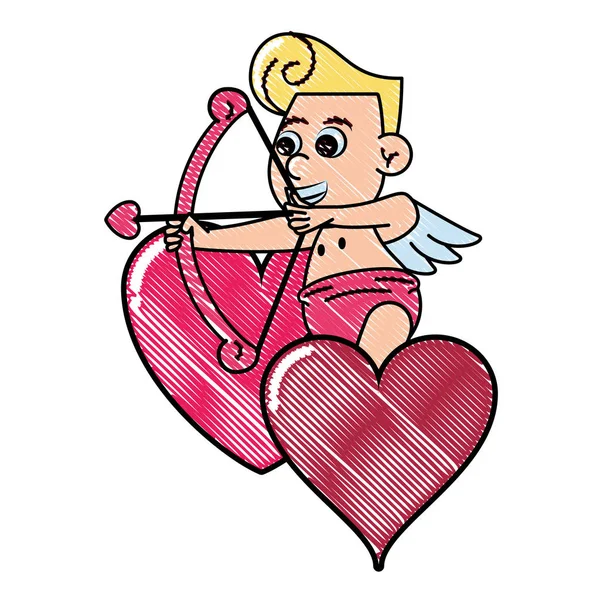 Cupido em corações com arco scribble — Vetor de Stock