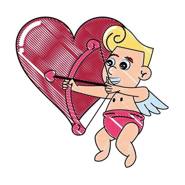 Cupid with arch on heart scribble — Stock Vector