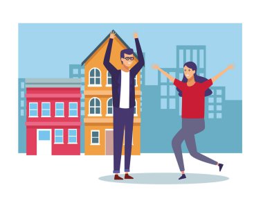 Söz ve having fun şehir çizgi film vektör çizim grafik tasarım arkadaşlar