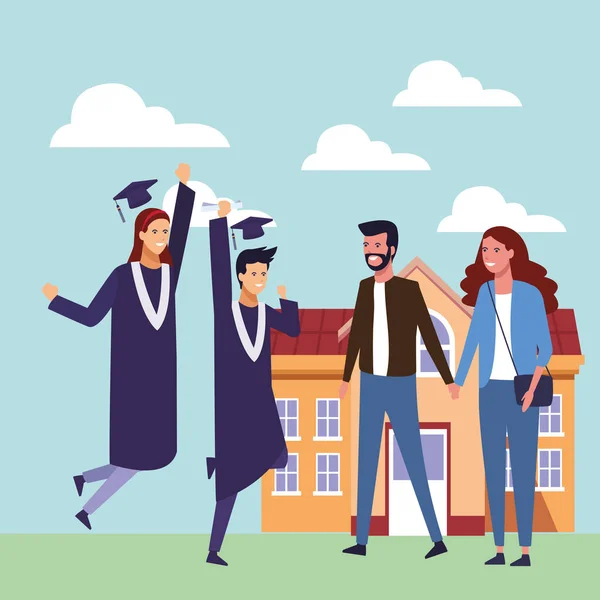 Estudiantes caricatura de graduación — Vector de stock