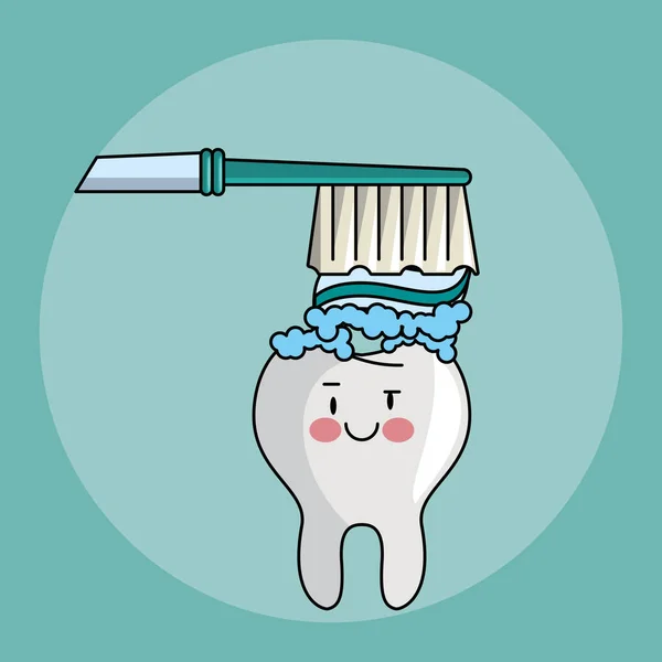 Cuidado Dental Dientes Higiene Con Herramientas Lindos Dibujos Animados Vector — Vector de stock