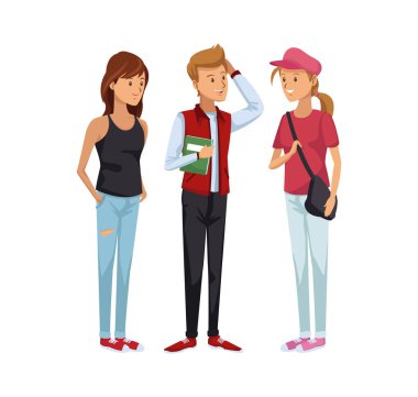 renkli kadın Öğrenciler ayakta ve çocuk saç moda stil giysileri ile