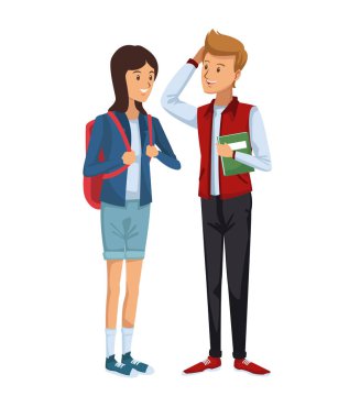 colorful couple students standing of girl in shorts and briefcase with blonded boy with hairstyle in fashion style clothes clipart