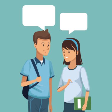 renkli sahne yarım vücut çift öğrenciler iletişim kutuları ile konuşmak