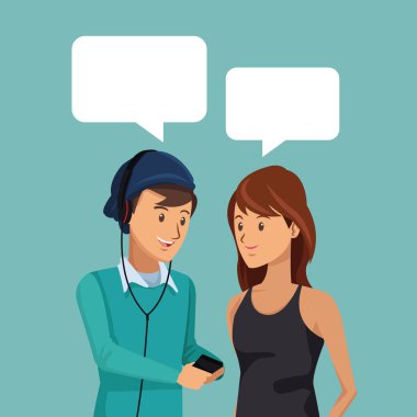 renkli sahne yarım vücut çifti öğrenciler iletişim kutuları ile konuşmak