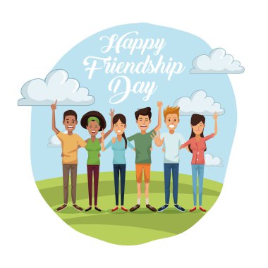 kadın ve erkek açık havada Grup ile mutlu dostluk günü güneşli günde renkli kart