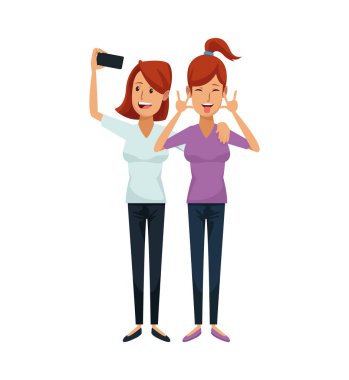 Beyaz arka plan renk grafiği çift kadın Kızıl saçlı ve bir bir selfie alarak ile