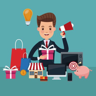 closeup yönetici adam renk arka plan ile yatırım ve alışveriş simgeleri unsurları