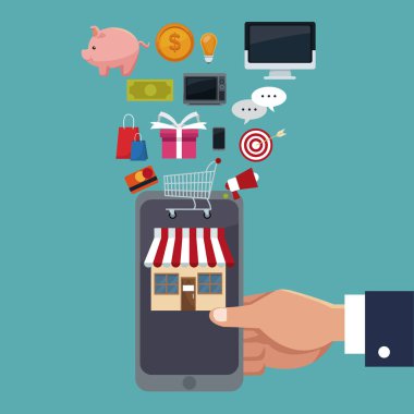 Çift kollu el yüzen öğeler ile online alışveriş için bir akıllı telefon tutarak renk arka plan sahne