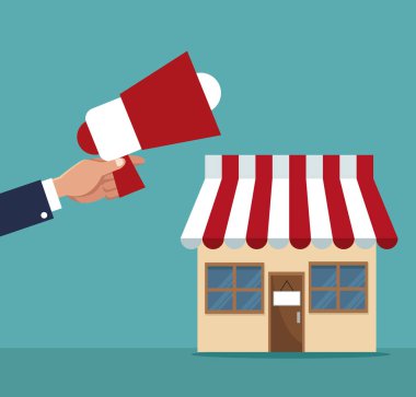 Çift el bir megafon holding arka plan renk ve yapı depolamak