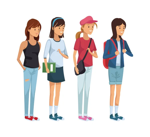 Colorful set group of girl students standing — Stock Vector