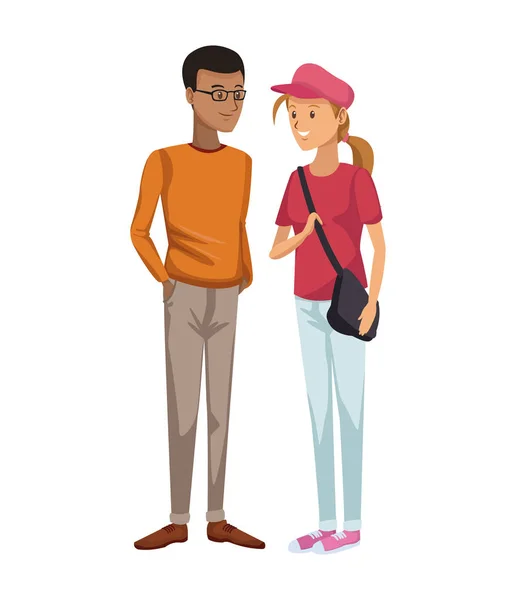 Coloridos estudiantes de la pareja de pie de chico morena con gafas y chica rubia con la tapa y el lado del bolso — Archivo Imágenes Vectoriales
