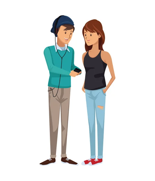 Colorful couple students standing of boy with music player and and girl with wavy hair in casual clothes — Stock Vector