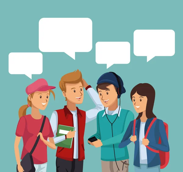 Colorido escena medio cuerpo grupo estudiantes hablando con cuadros de diálogo — Vector de stock