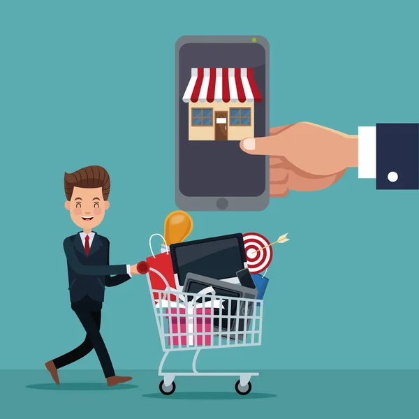 Bir smartphone online alışveriş için alışveriş sepeti ile executive adamın arka planını renklendirin — Stok Vektör