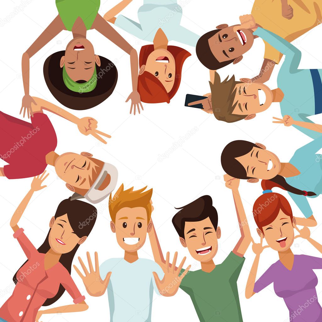 white background with colorful group of friends posing