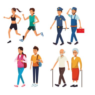 İşin yürüme insanlar boş zaman aktiviteleri beyaz arka plan vektör çizim grafik tasarım