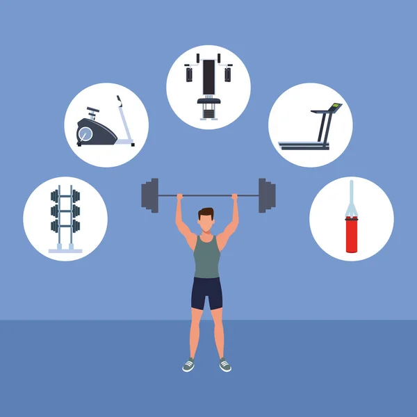 Fitness Man Met Gym Machines Ronde Iconen Vector Illustratie Grafisch — Stockvector