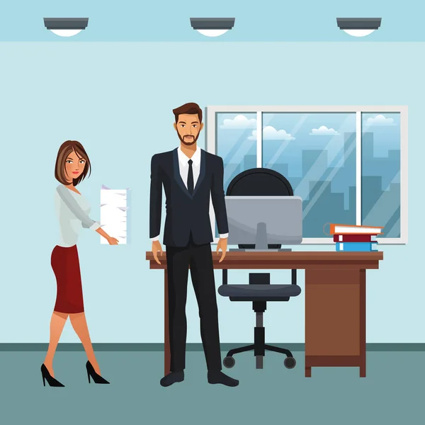 Personnages d'affaires dans la scène de bureau — Image vectorielle