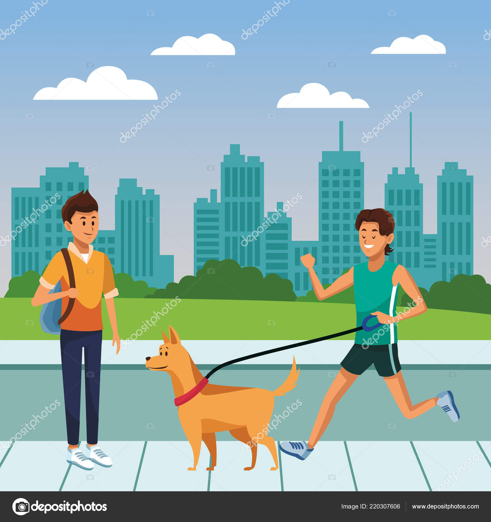 Jóvenes paseando perro de dibujos animados vector, gráfico vectorial © jemastock imagen #220307606 Jóvenes paseando perro de dibujos animados vector, gráfico vectorial © jemastock imagen #220307606