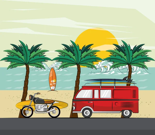 Van moto e surf na praia — Vetor de Stock