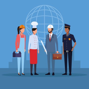 Cityscape küresel küre arka plan vektör çizim grafik tasarım ile iş ve işçi karakterden