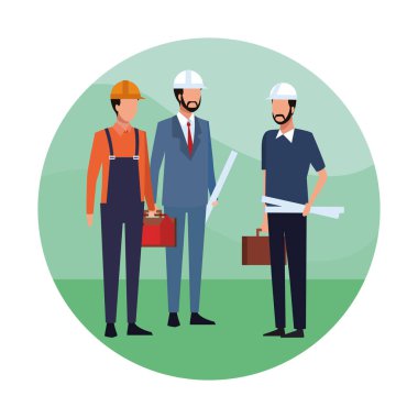 İnşaat işçisi ve mimar mühendis ile yuvarlak simge vektör çizim grafik tasarım