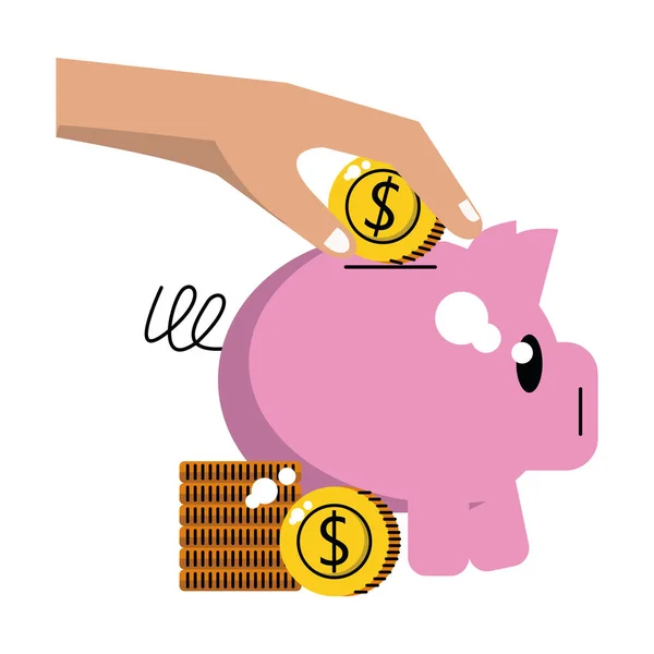 Mão inserindo moeda para porquinho — Vetor de Stock