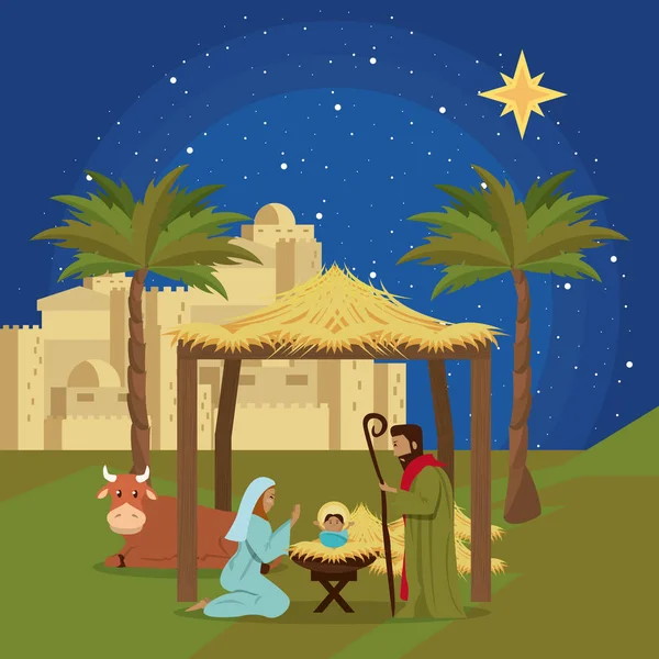 Tradycyjne Chrześcijańskie Boże Narodzenie Szopka Baby Jezusa Projekt Graficzny Ilustracja — Wektor stockowy