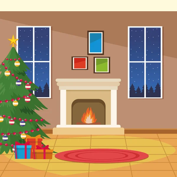 Chimenea ardiente con árbol de Navidad — Vector de stock