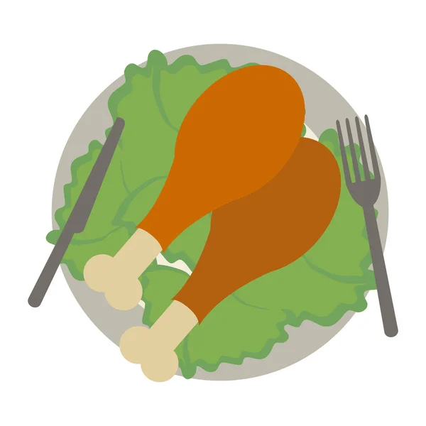 Gebratenes Huhn auf Teller mit Besteck — Stockvektor