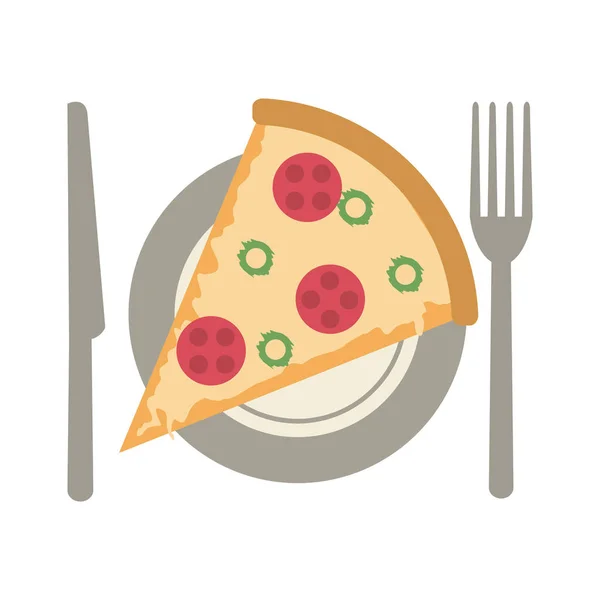 Pizza auf Teller mit Besteck — Stockvektor